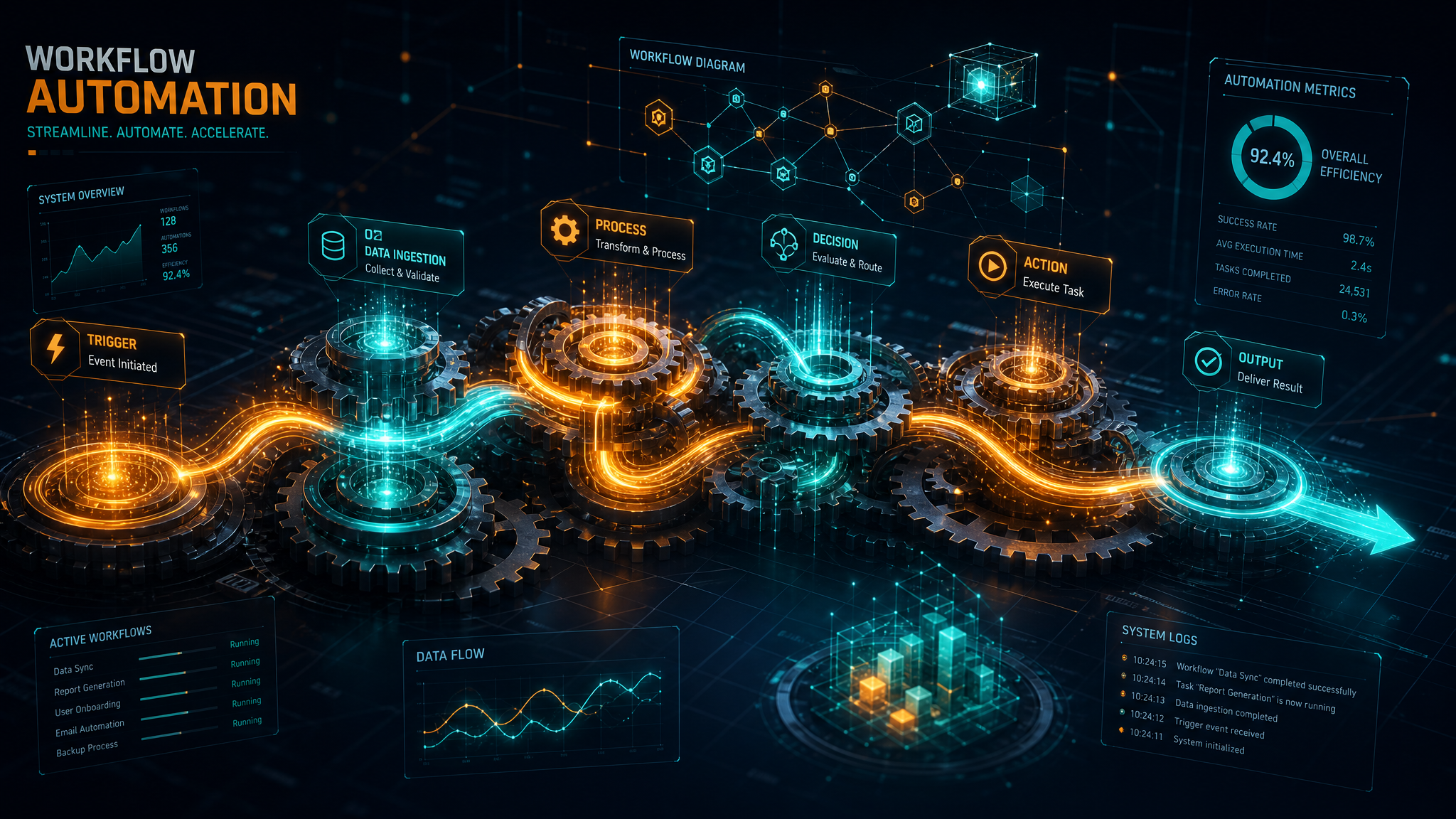 Futuristic workflow automation with interconnected gears and data pipelines