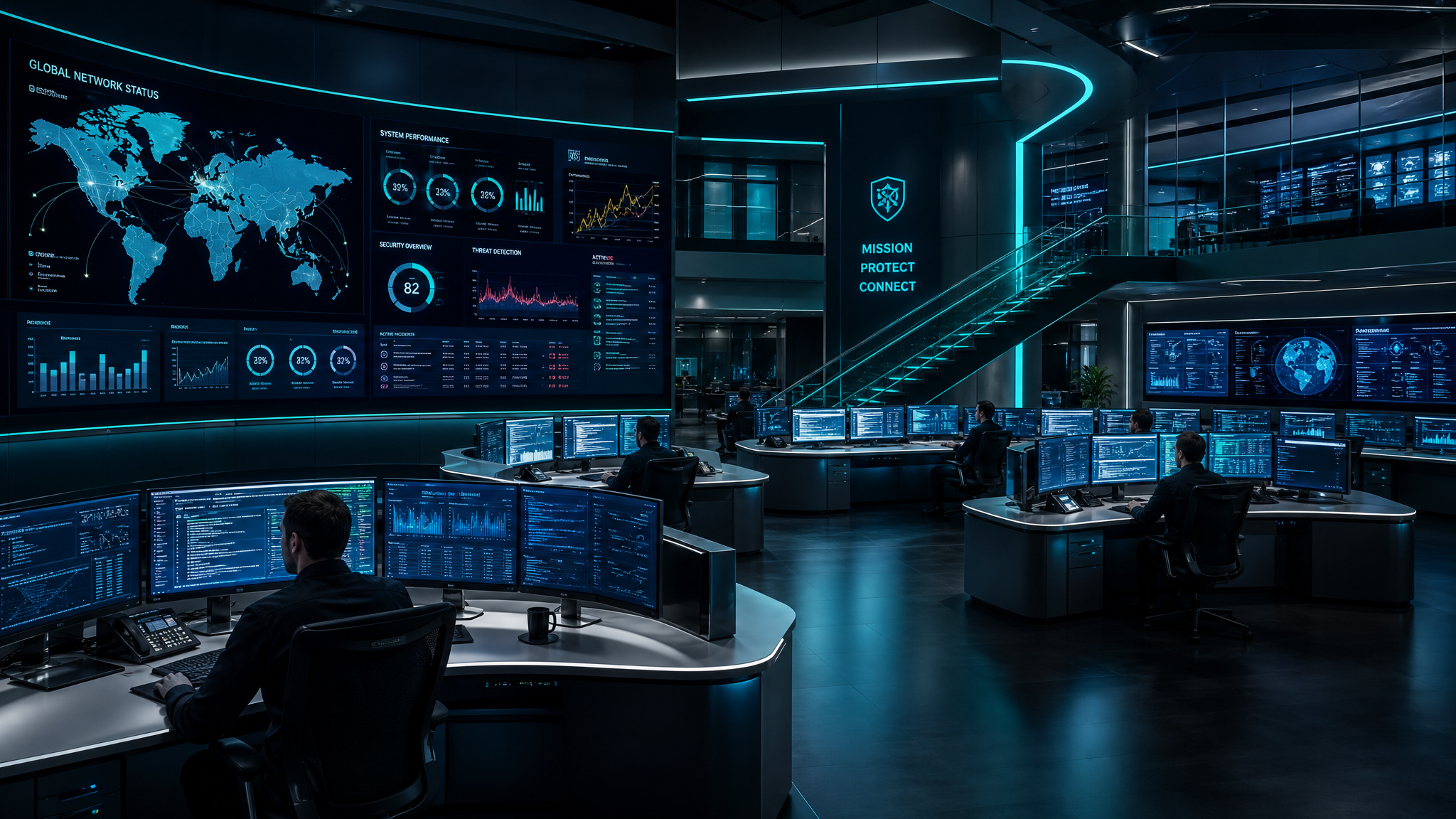 Modern IT command center with multiple monitoring screens