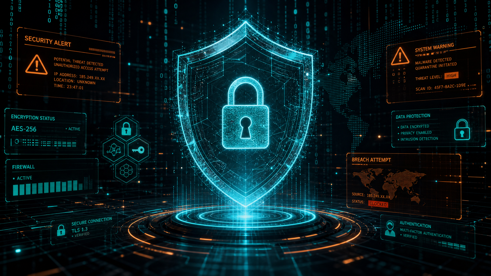 Futuristic cybersecurity digital shield visualization
